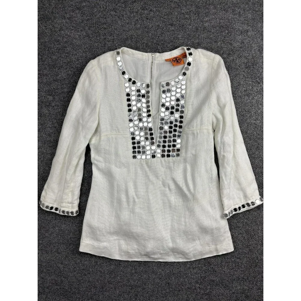 Tory Burch Linen Blouse Womens 4 White Mirror Sequin Embellished 3/4 Sleeve